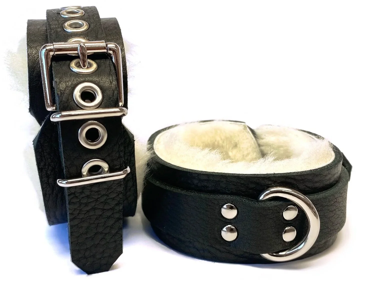 Black Bullhide Leather with White Sheepskin Fur Restraints