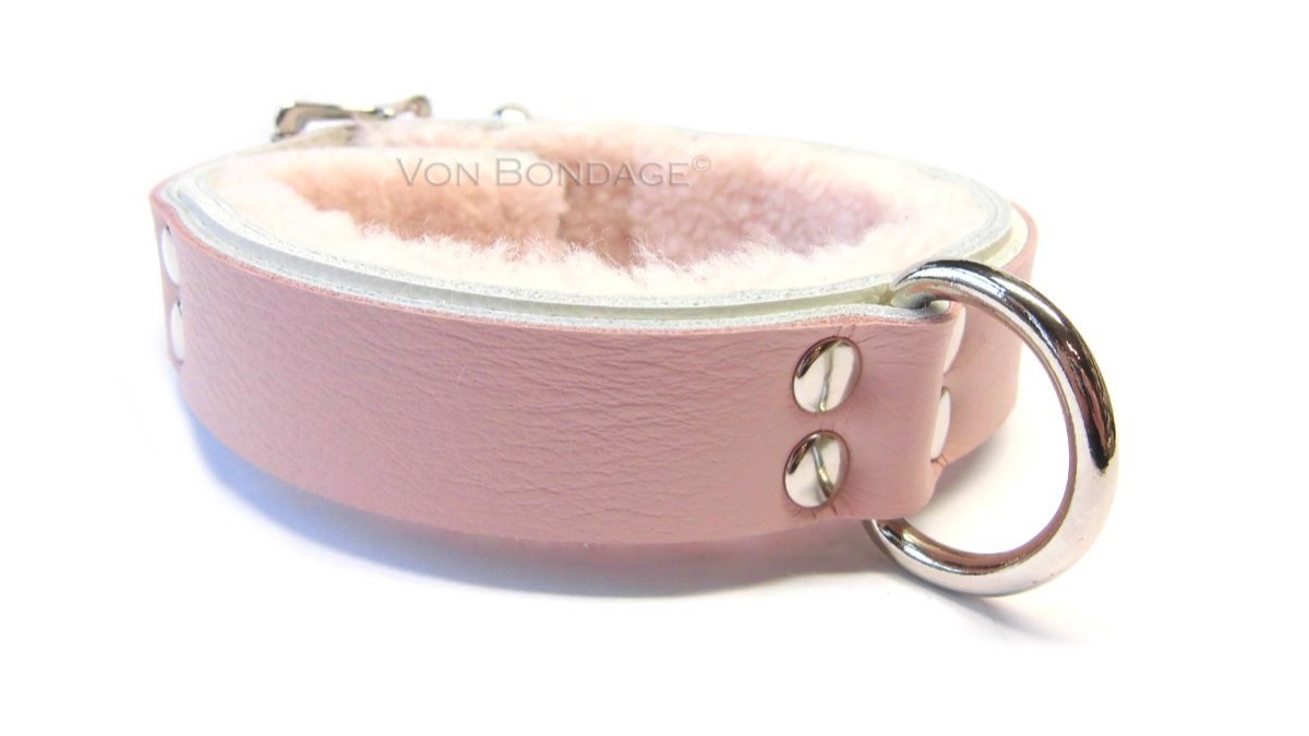 Pink Narrow Fur-lined slave Collar with Strong Dee Ring