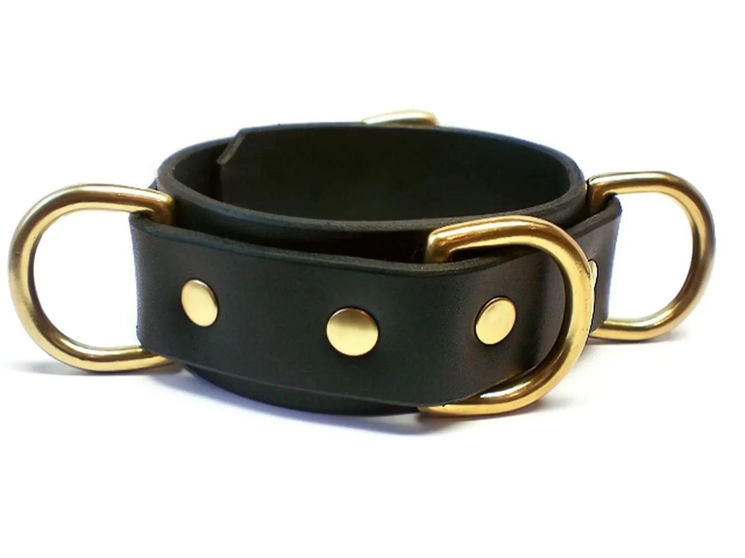 black leather bondage collar with 3 large solid brass d-rings