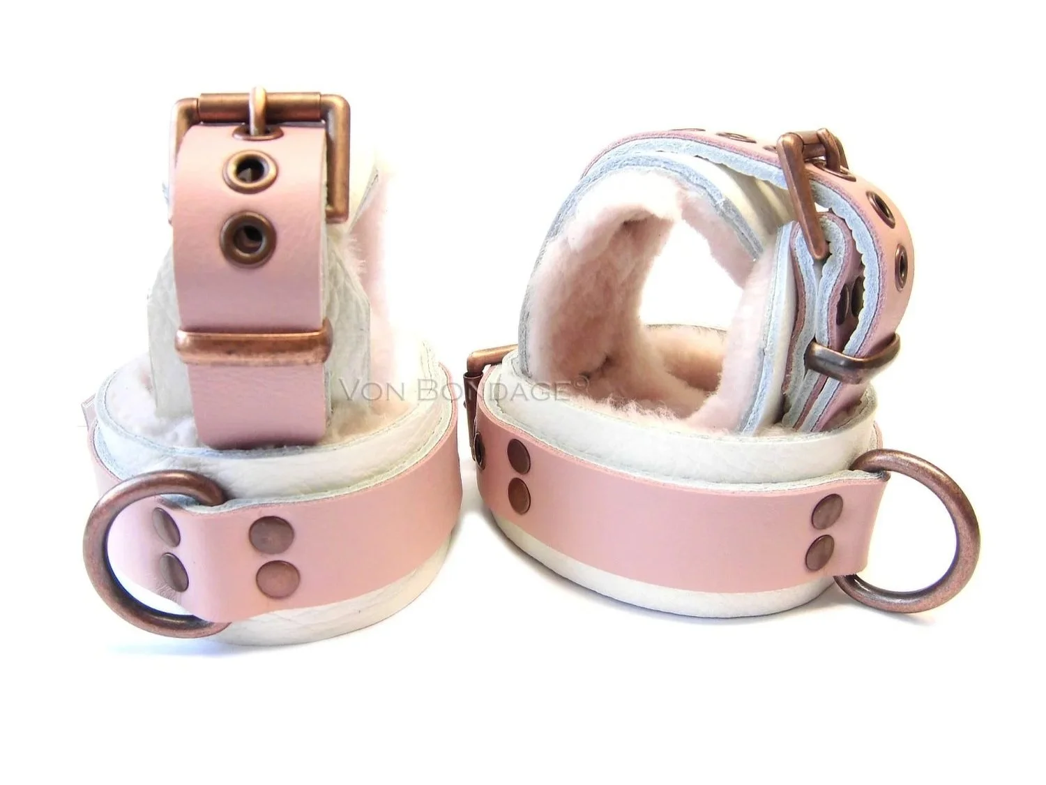 Pink & White Furry sheepskin BDSM Restraints Set with copper dee rings