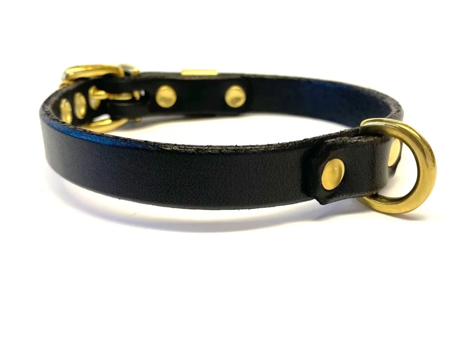 black leather slave collar with small brass d-ring