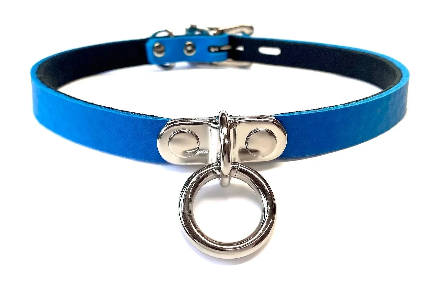 Discreet BDSM Day Collar with Plated Ring in french blue leather