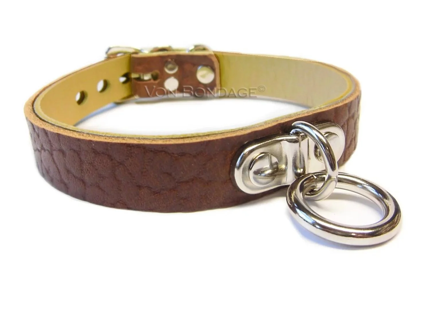 Cognac Bullhide Leather Lockable Leather Collar with small plated D&O Ring