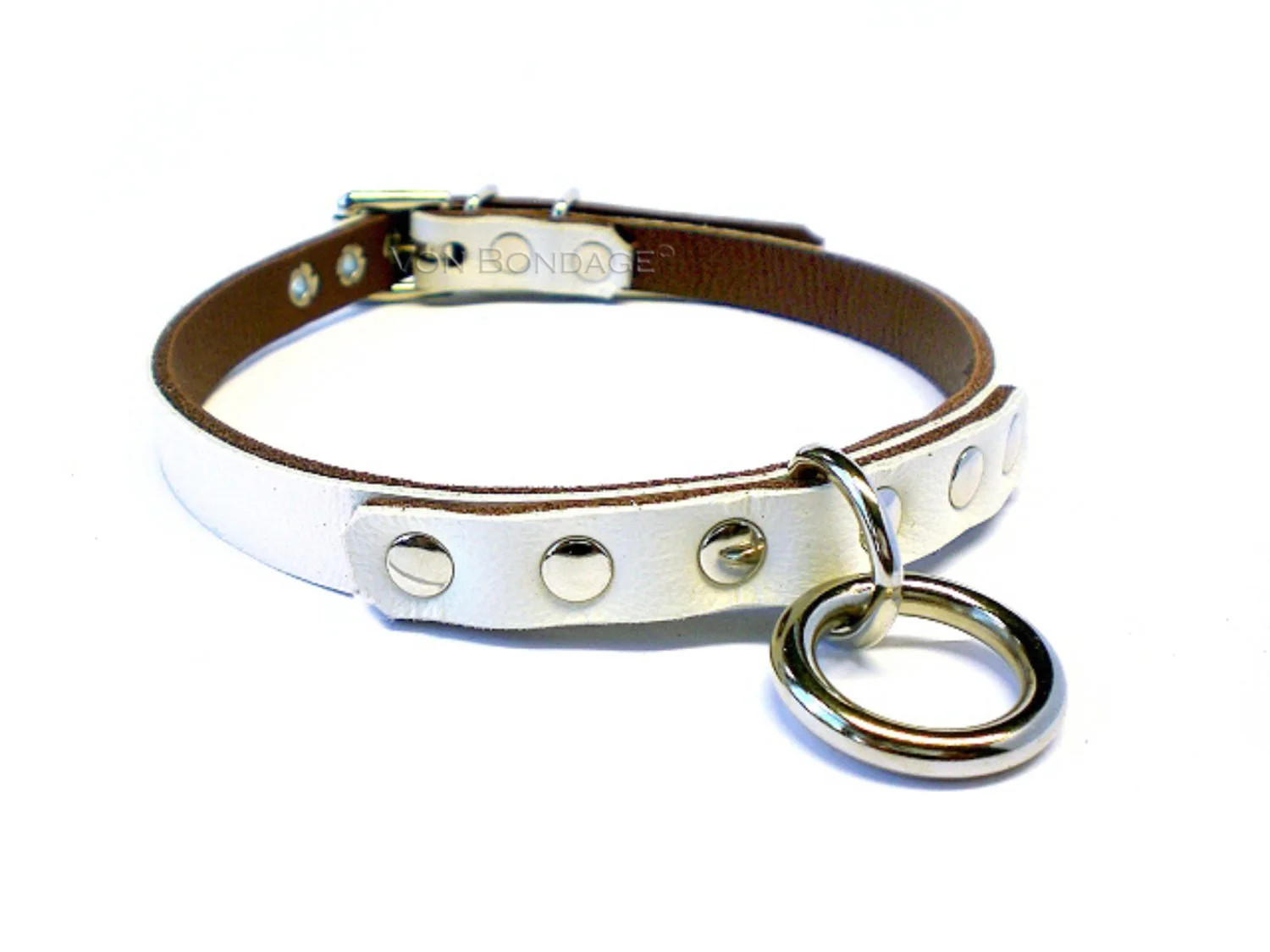 White BDSM Day Collar w/Long Strap holding Tiny Ring