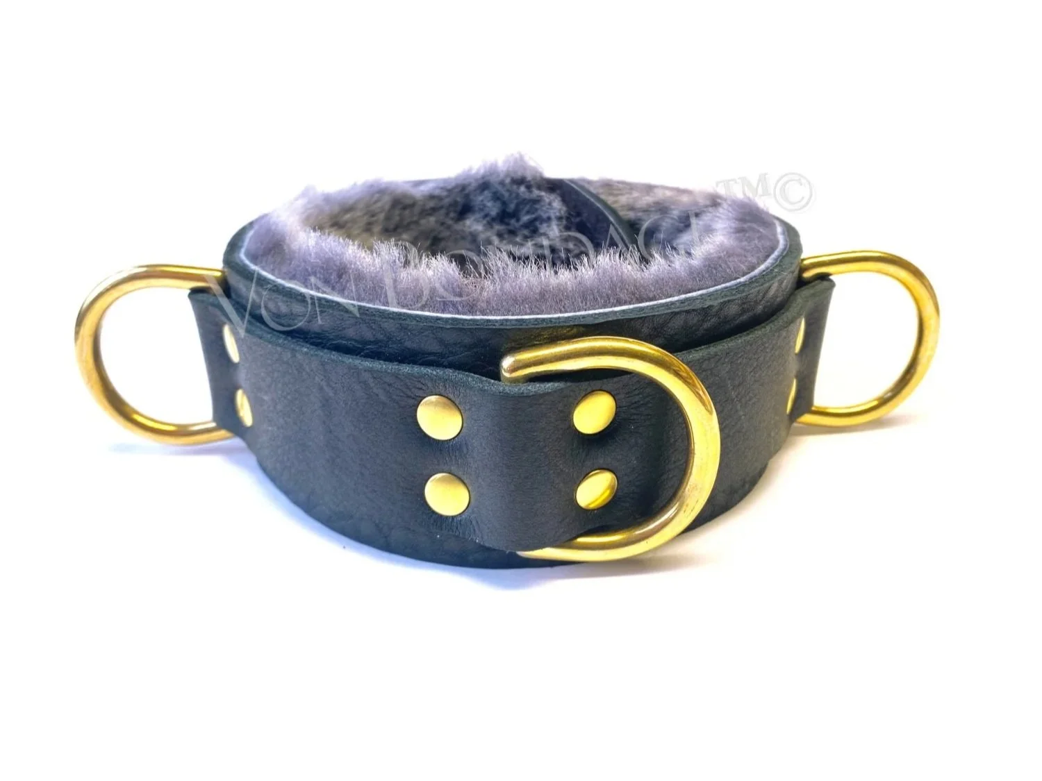 Bullhide Leather Bondage Collar lined in Gray Sheepskin Fur with 3 Brass D Rings