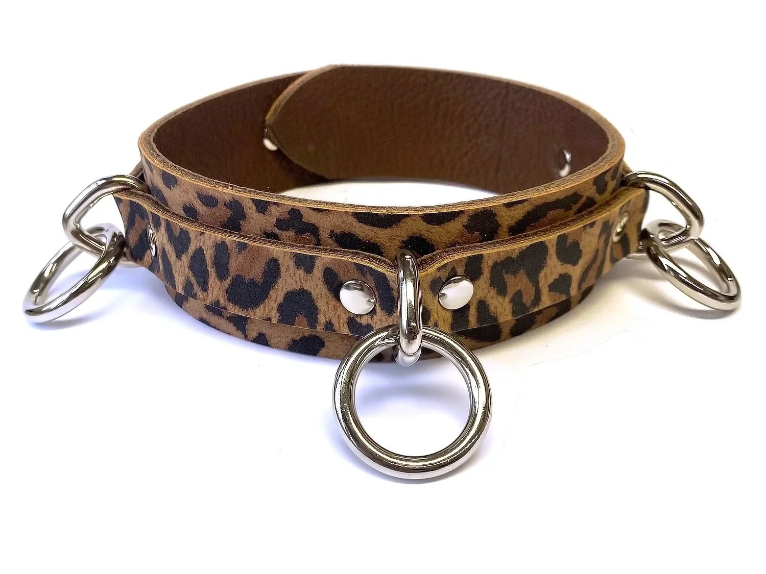 Leopard Print Leather BDSM Collar with 3 Bondage Rings