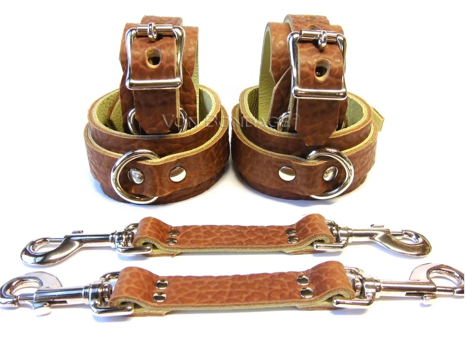 6 piece brown leather restraints set in cognac bullhide leather