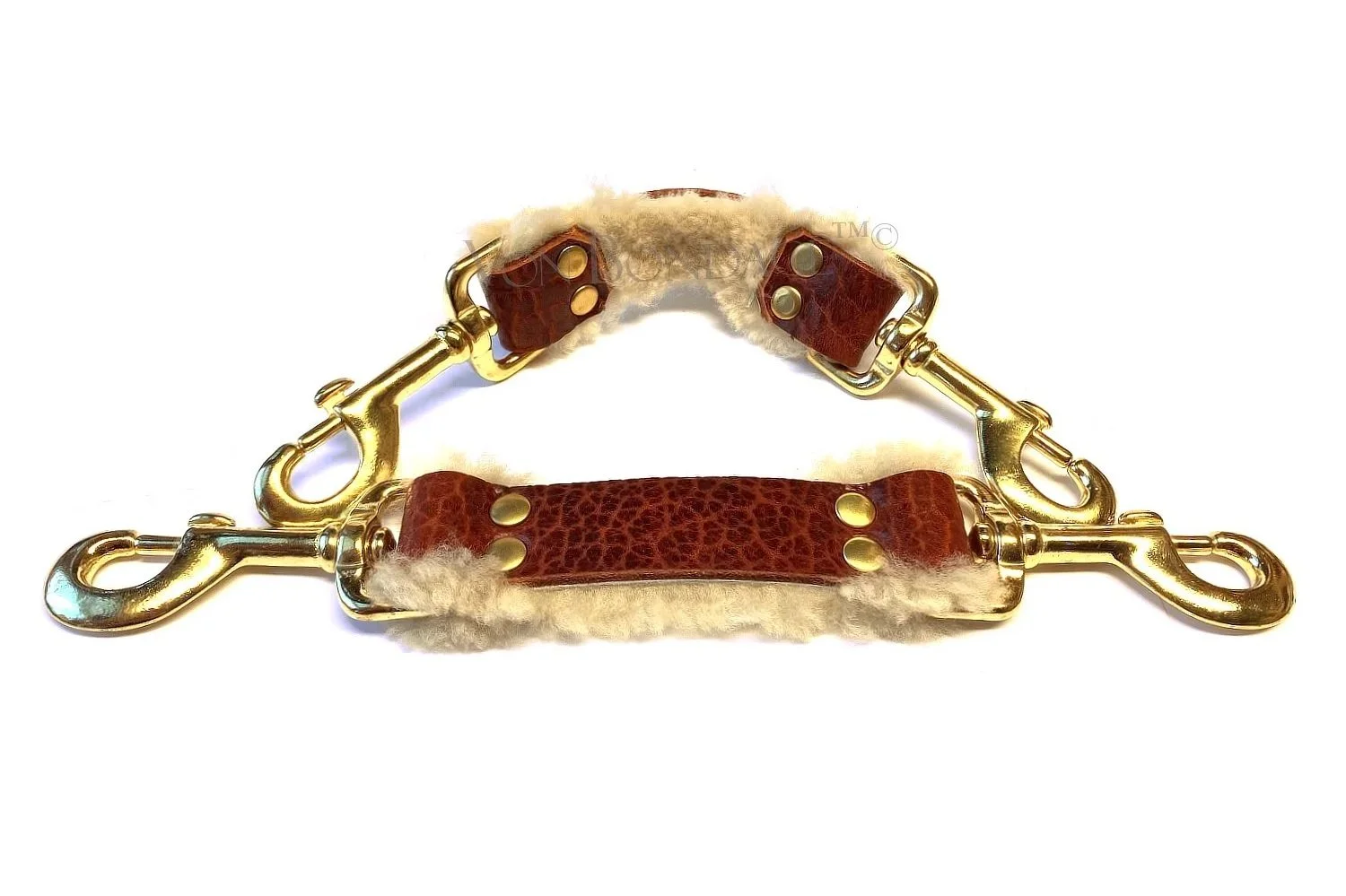 Brown Pair of Bondage Straps lined in Sheepskin Fur in Brass