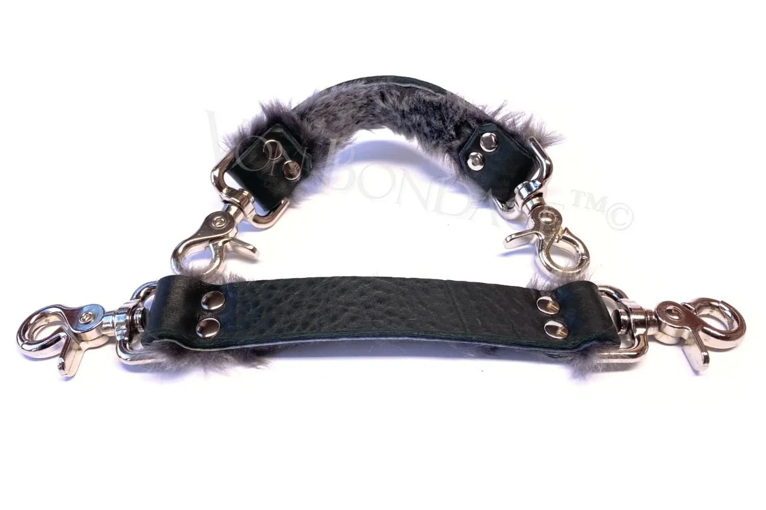 Black Leather Bondage Straps lined in Gray Sheepskin Fur