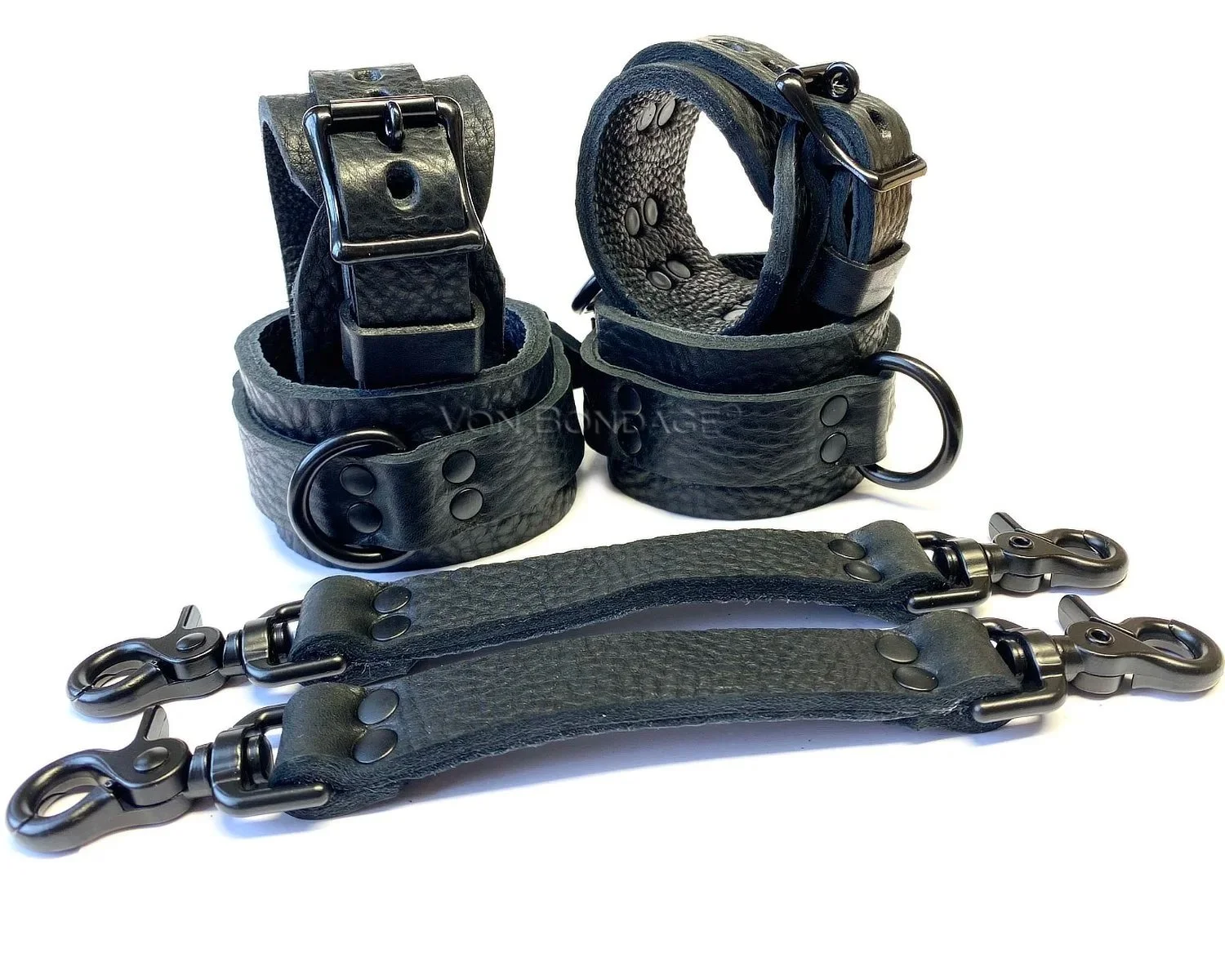 Leather Bondage Restraints Kit with pair of BDSM Straps in Black Steel