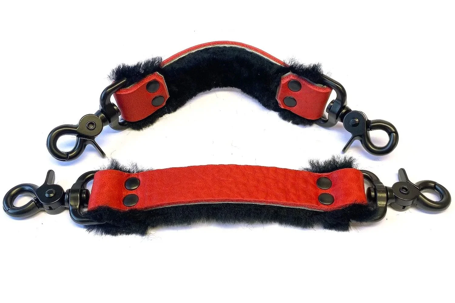 Pair of Red Bullhide Black Sheepskin Fur BDSM Straps with Scissor Clips