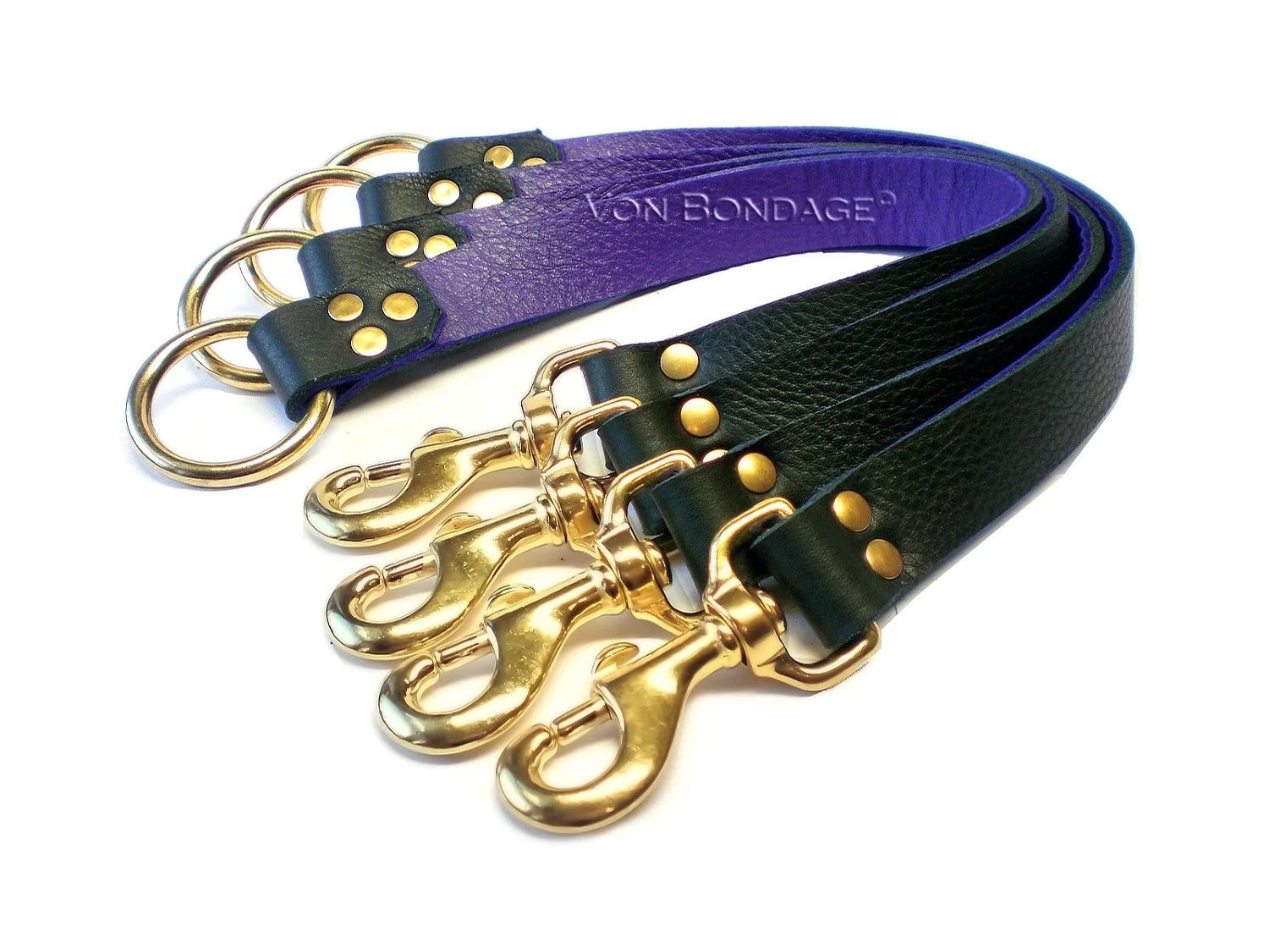 Black & Purple Leather Bed Restraints in Solid Brass Hardware