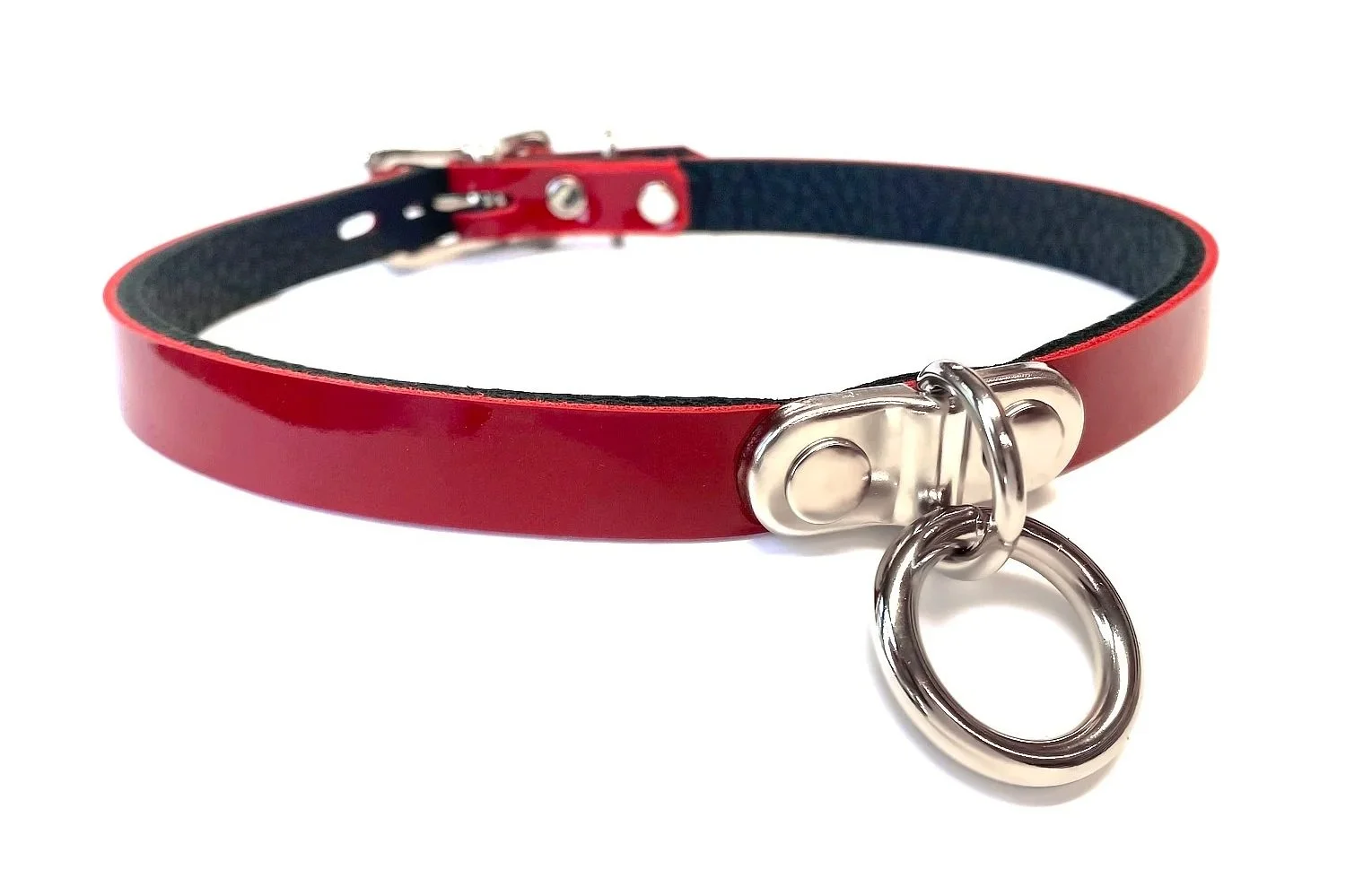 Discreet BDSM Day Collar with Plated Ring in red patent leather