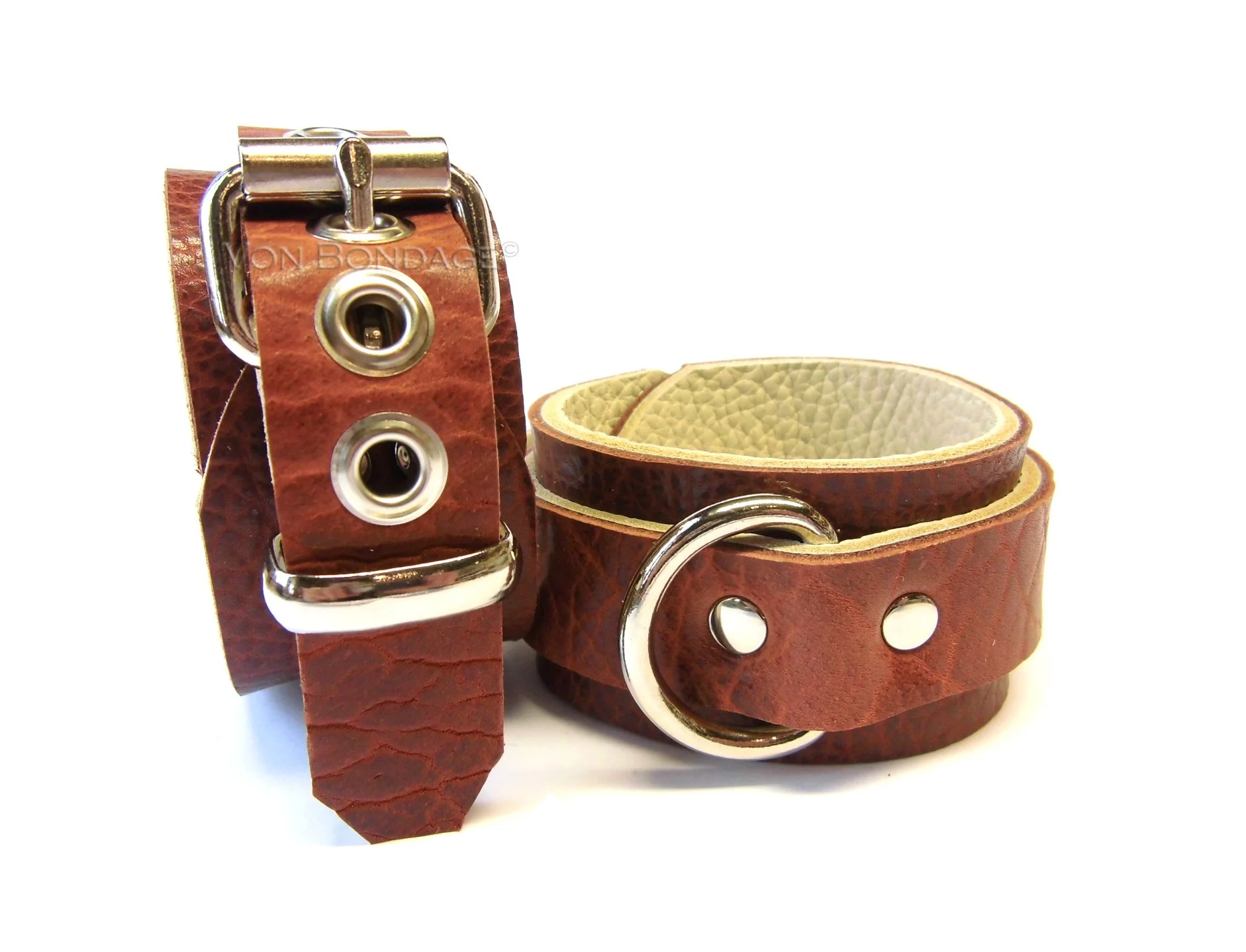 Brown Bison Leather BDSM Restraints with 1" Dee Rings