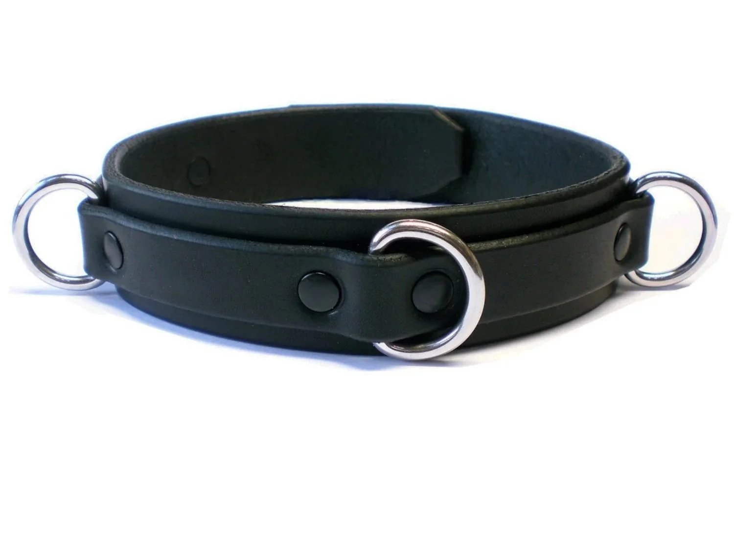 Black Leather Narrow BDSM Collar with 3 small stainless steel dee rings