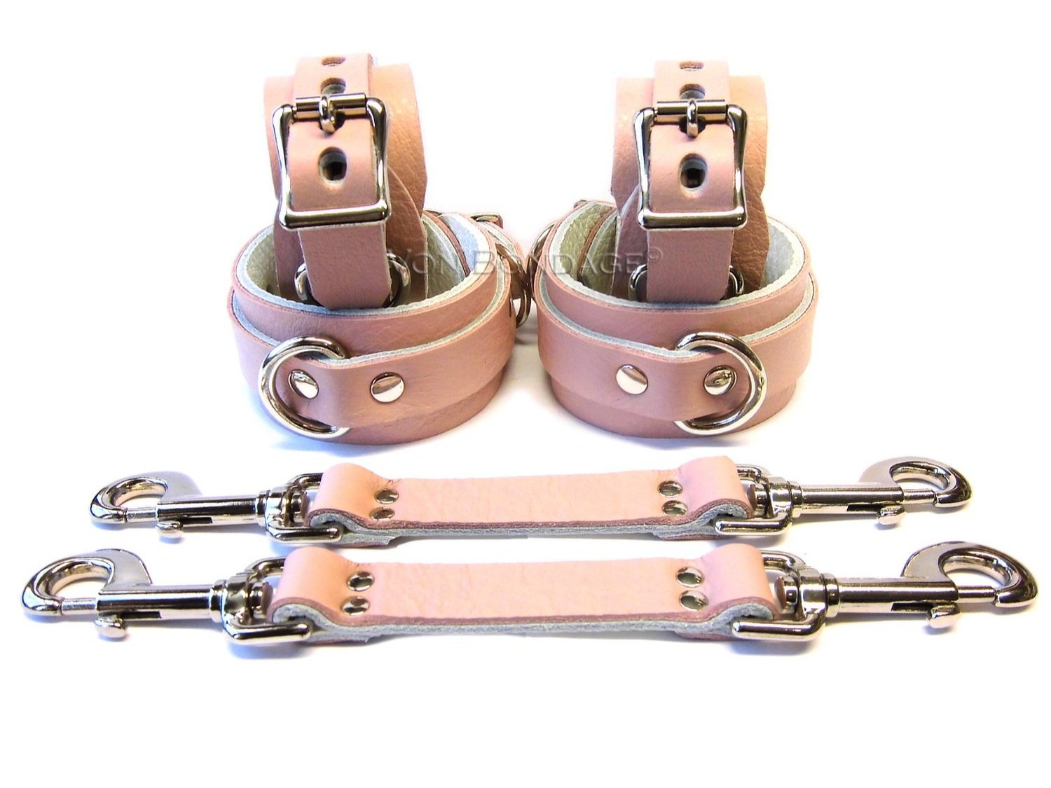 Light Pink Leather Bondage Restraints Set with pair of hogtie straps
