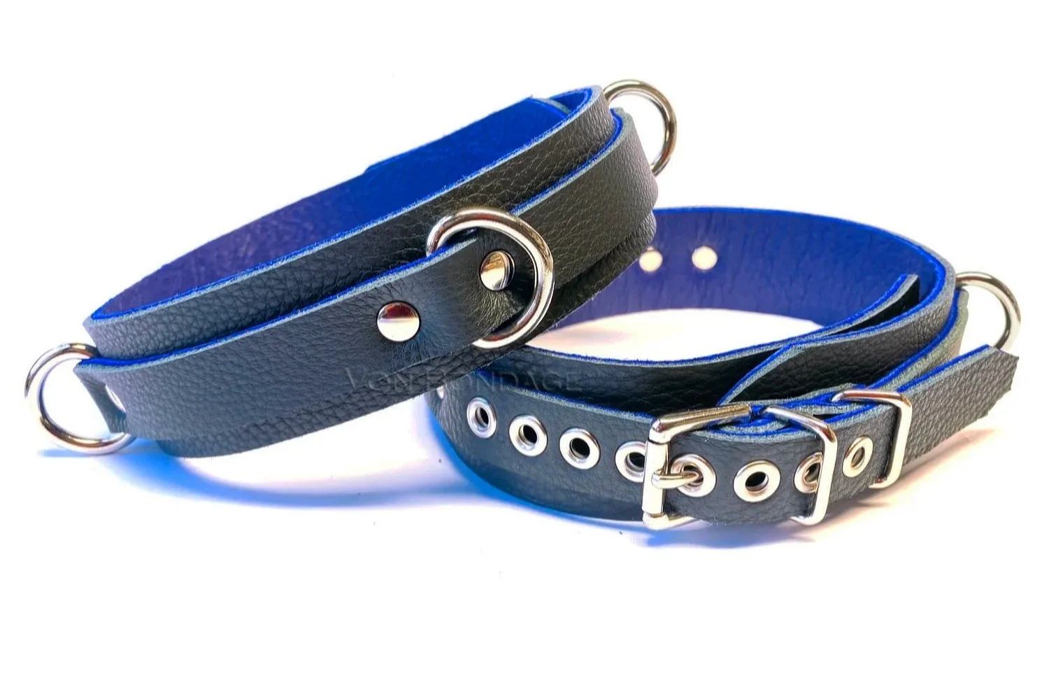 Black & Blue Leather thigh cuffs with 3 d-rings per cuff