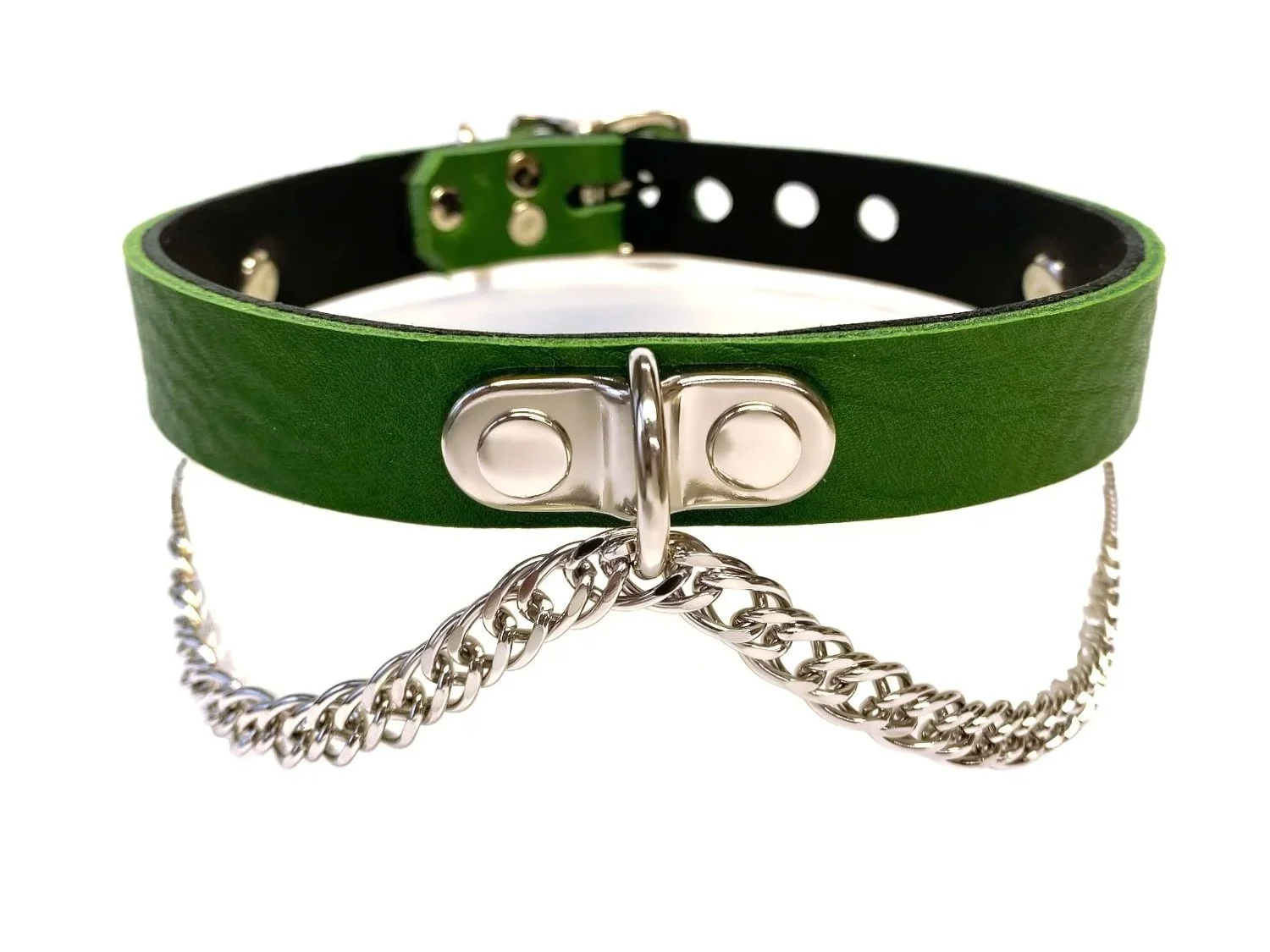 Green Leather Collar with Plated O-ring and Chain