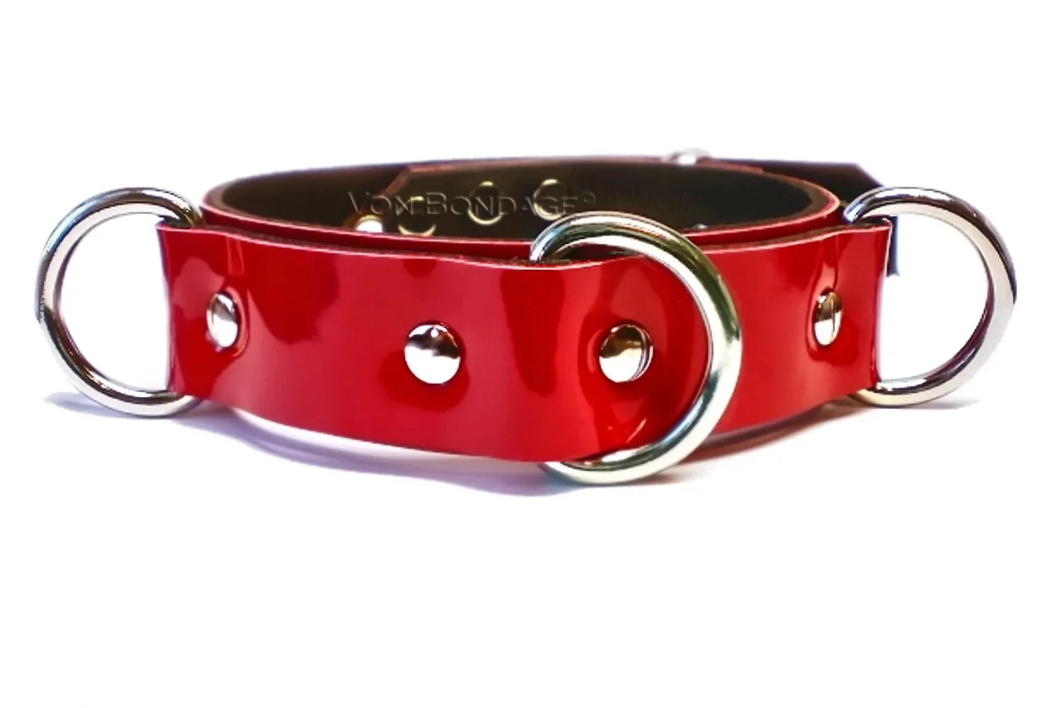 Red Patent Leather BDSM Collar with 3 thick d-rings across the front