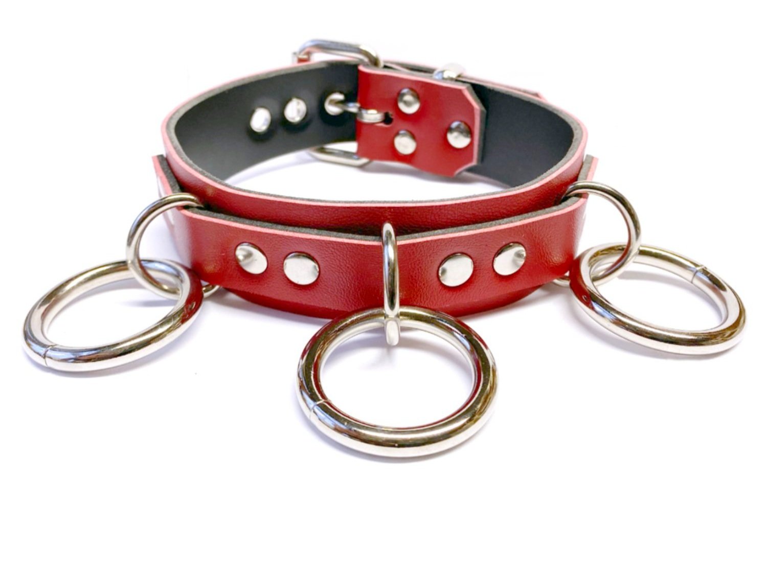 Lockable red Vegan leather Bondage Collar with Triple Rings in front