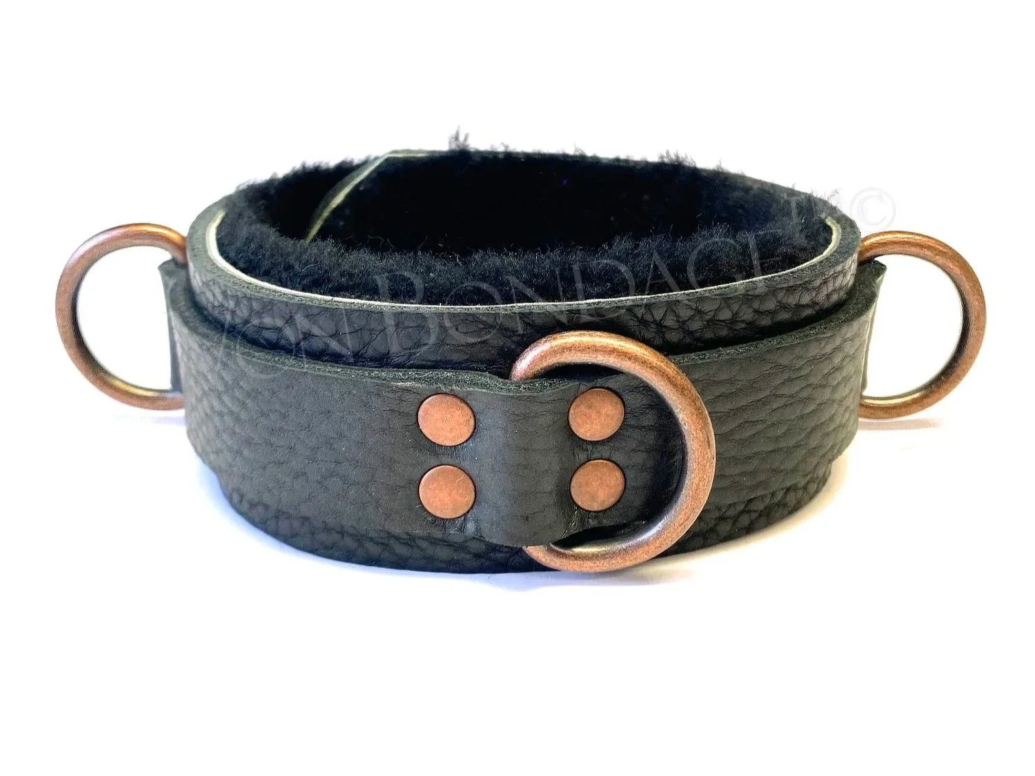 Black Bullhide Black Sheep Fur Collar with 3 dee rings in Copper Hardware