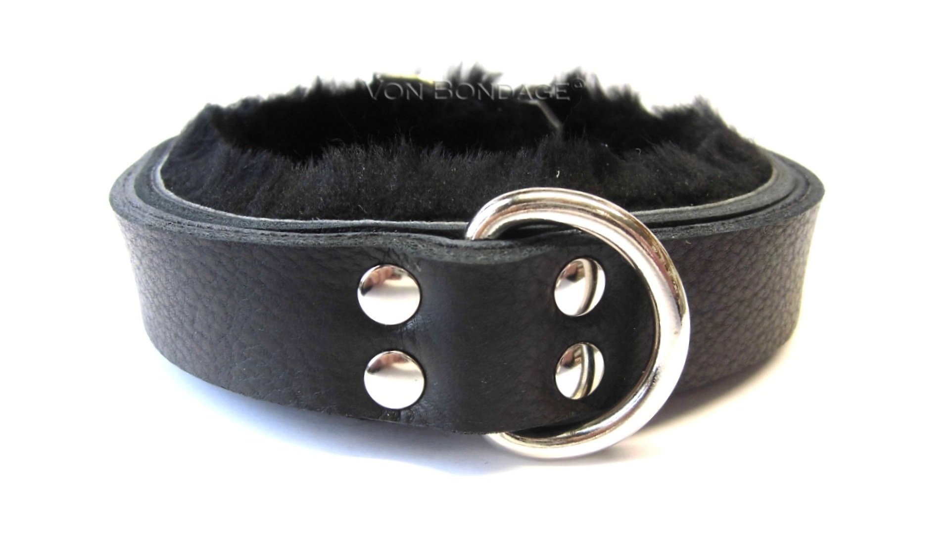 Black Narrow Fur-lined slave Collar with Strong Dee Ring