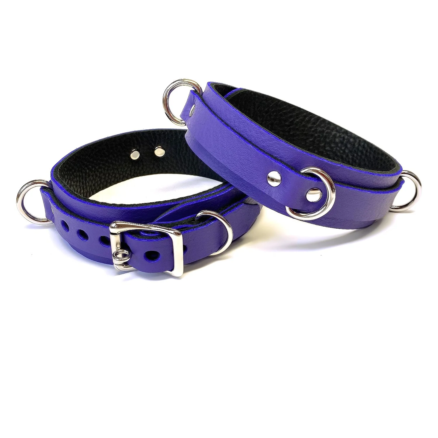Purple Leather Thigh Restraints with 3 d-rings per cuff