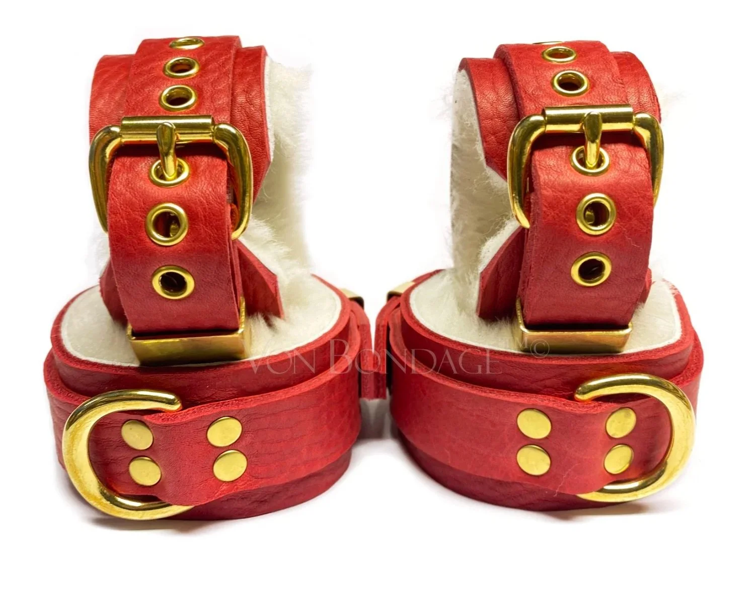 Red Wrist & Ankle Restraints Bondage Set lined in White Sheepskin Fur