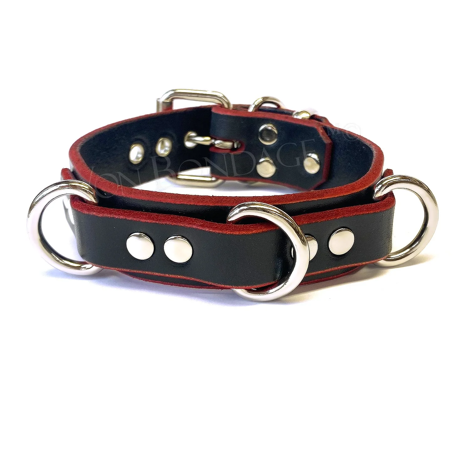Red Edge Lockable Bondage Collar with 3 Small D-Rings