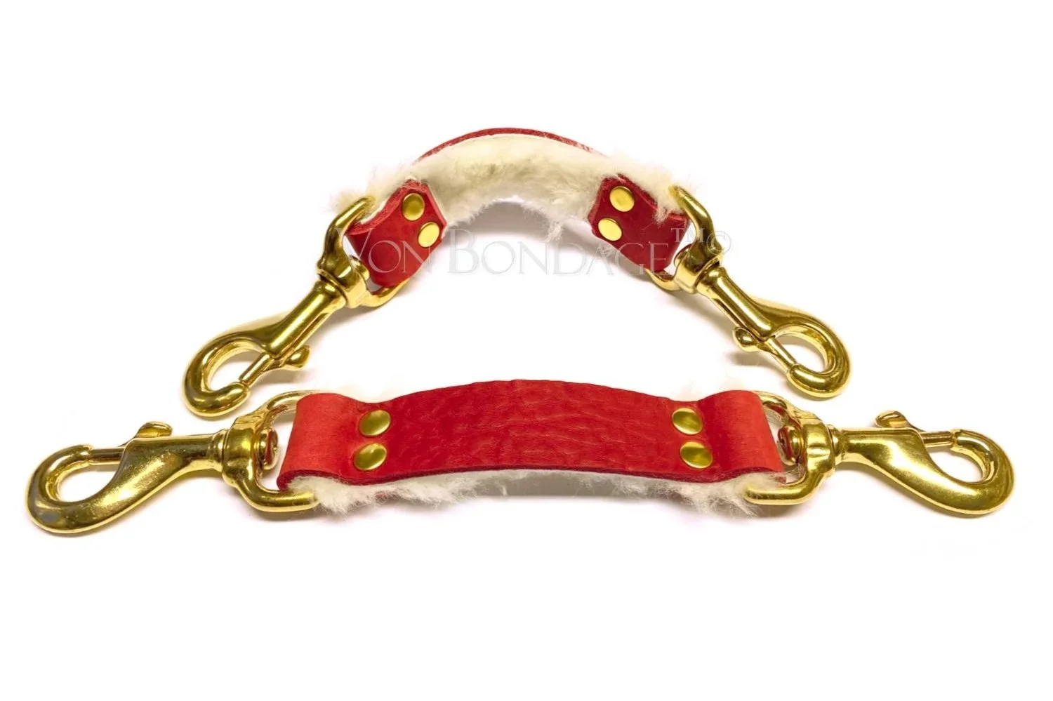 Red Pair of Bondage Straps lined in Sheepskin Fur in Brass