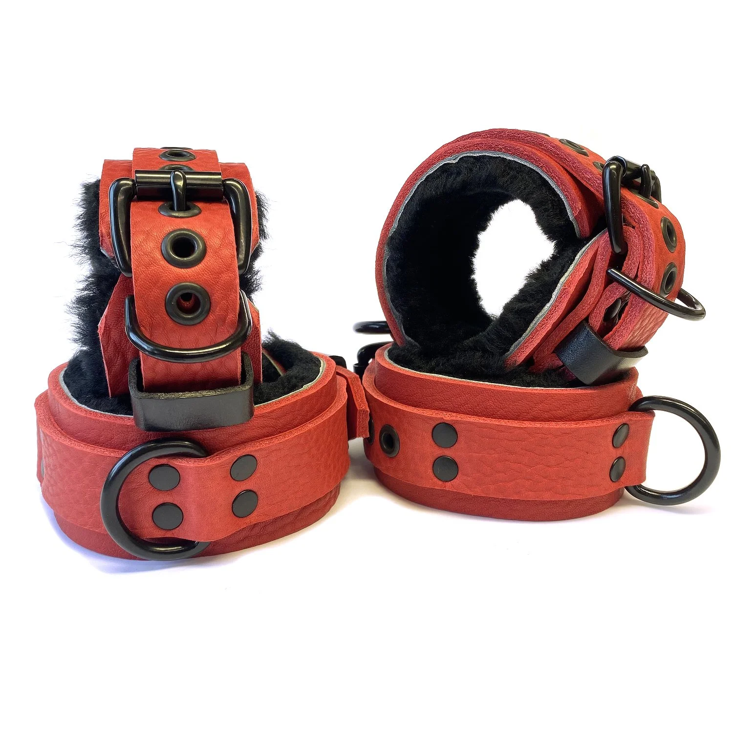 Luxury Red Bullhide BDSM Cuffs lined in Black Sheepskin Fur | Black Hardware