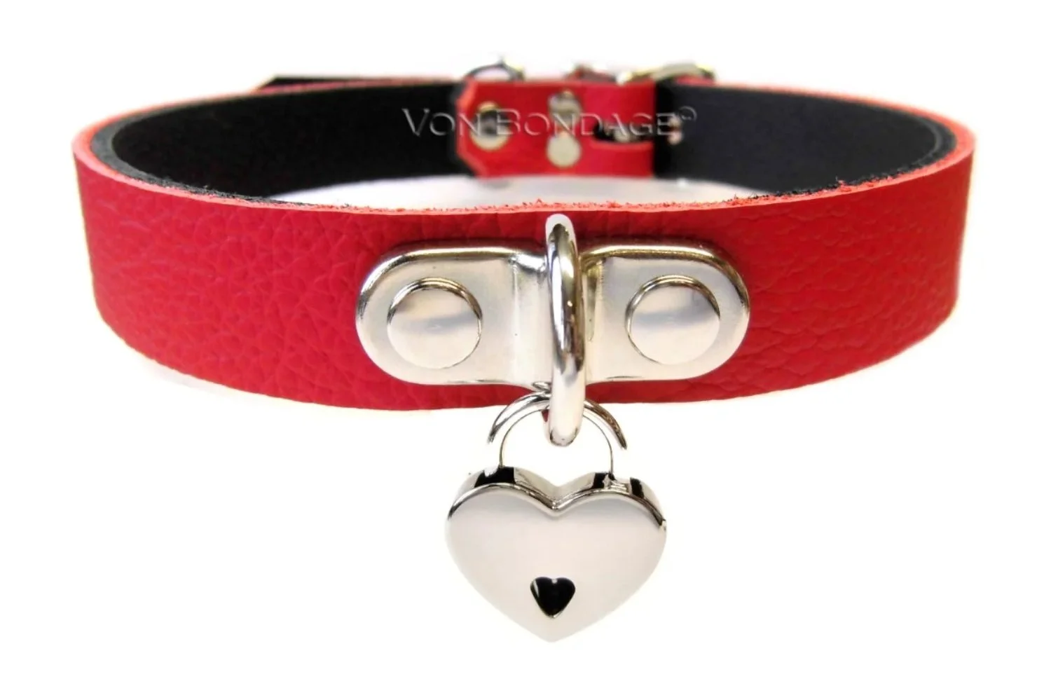 Red Leather BDSM Collar with a small heart padlock on tiny d-ring