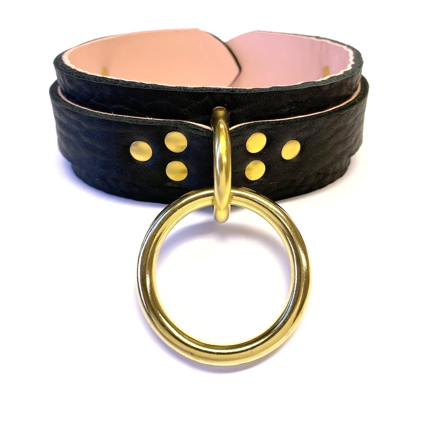 Black Bullhide Leather BDSM Collar lined in Pink Lambskin with Solid Brass O-ring