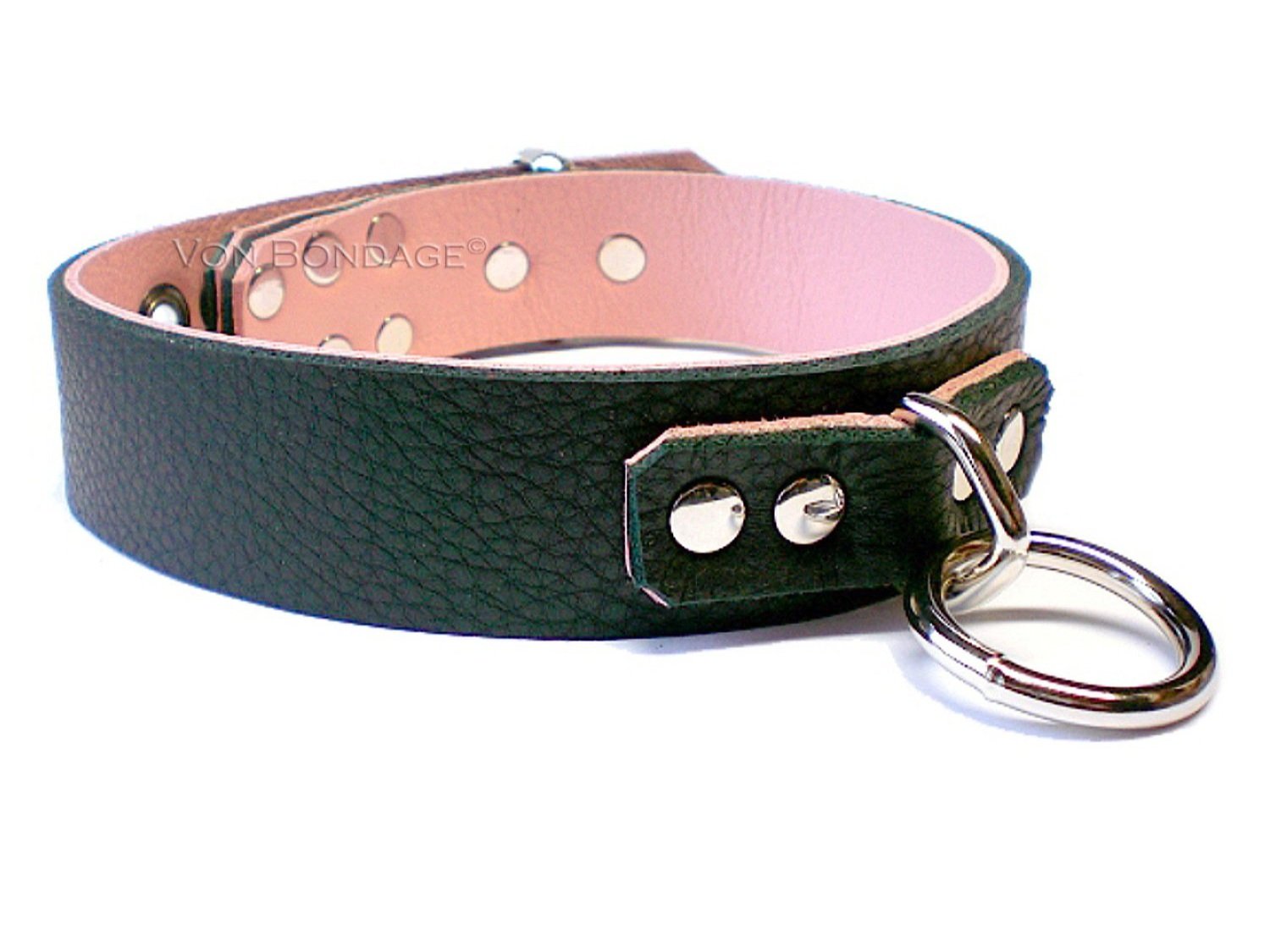 Soft Black Lockable Bondage Collar with D&O Ring pink liner