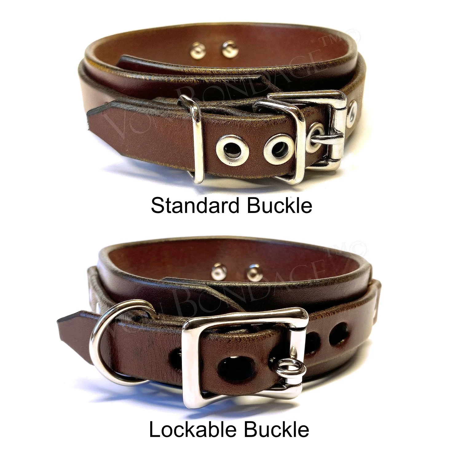 standard or lockable buckle choice on brown bdsm collar