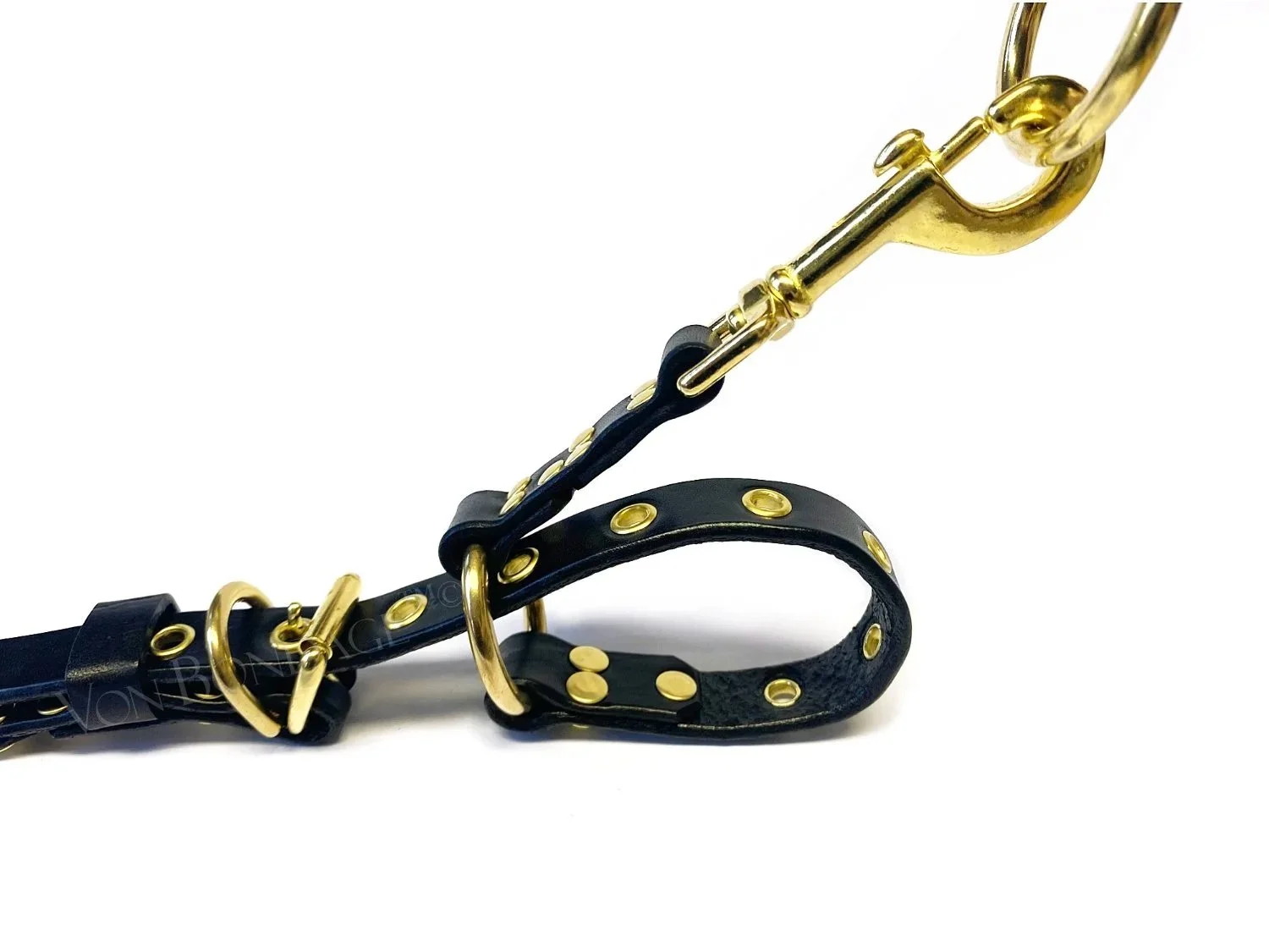 Adjustable Black Bridle Leather BDSM Strap in Brass
