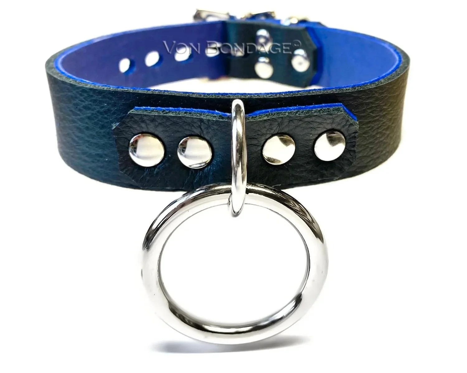 Black & Blue Leather BDSM Collar with Large O-ring