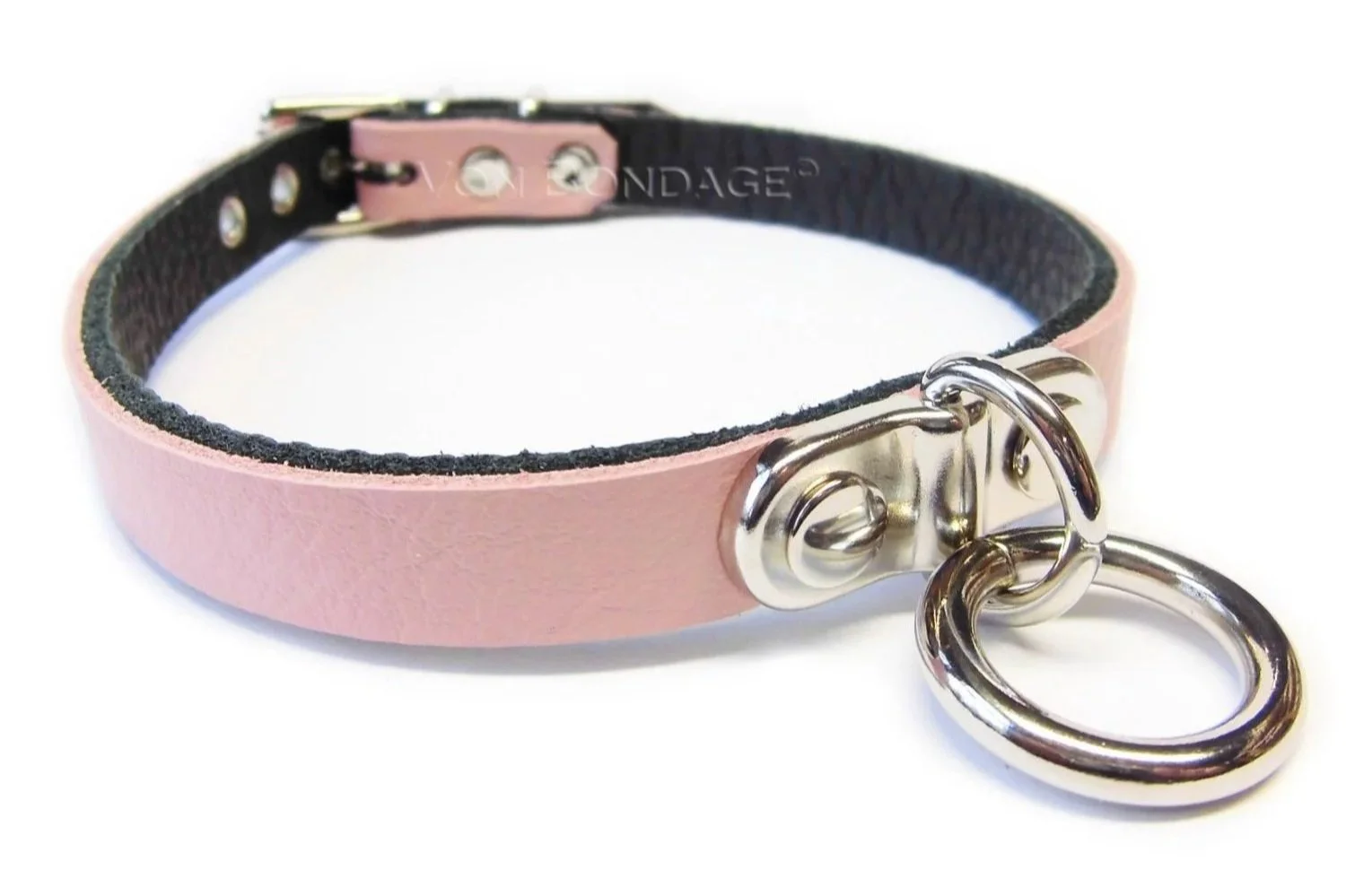 Pink Leather submissive choker with plated ring