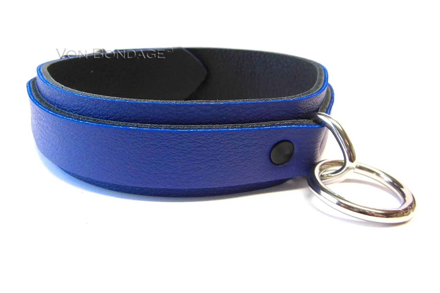 Blue leather slave collar with small stainless steel bondage ring
