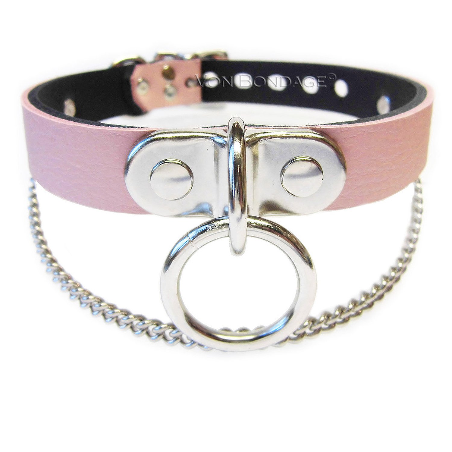 Pink Leather BDSM Collar with Plated D&O Ring and Chain