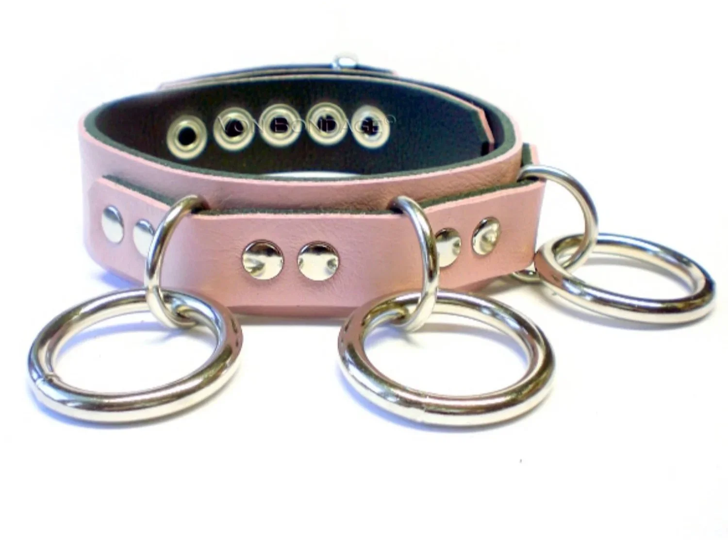 Pink Leather BDSM Collar with 3 large O-rings in front