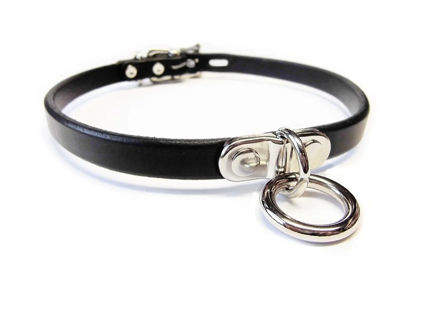 Black Leather Day Collar with Plated Ring