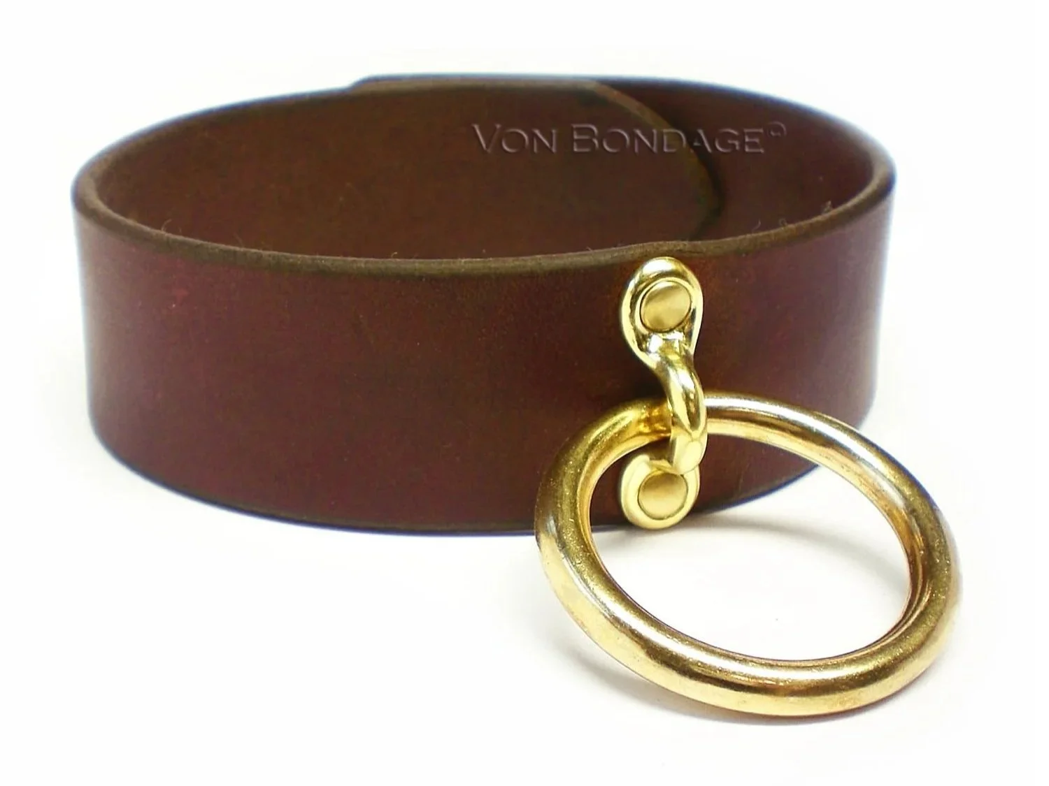 brown leather slave collar with large brass o-ring