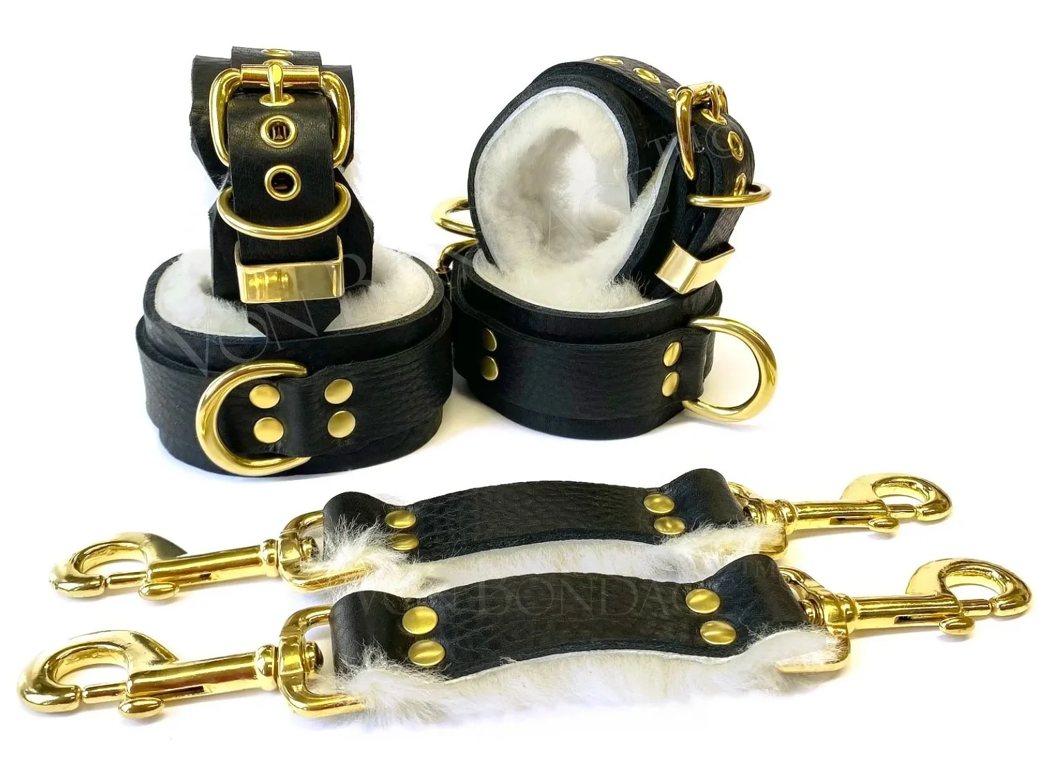 Sheepskin Fur BDSM Restraints Set with Brass D-rings & Straps