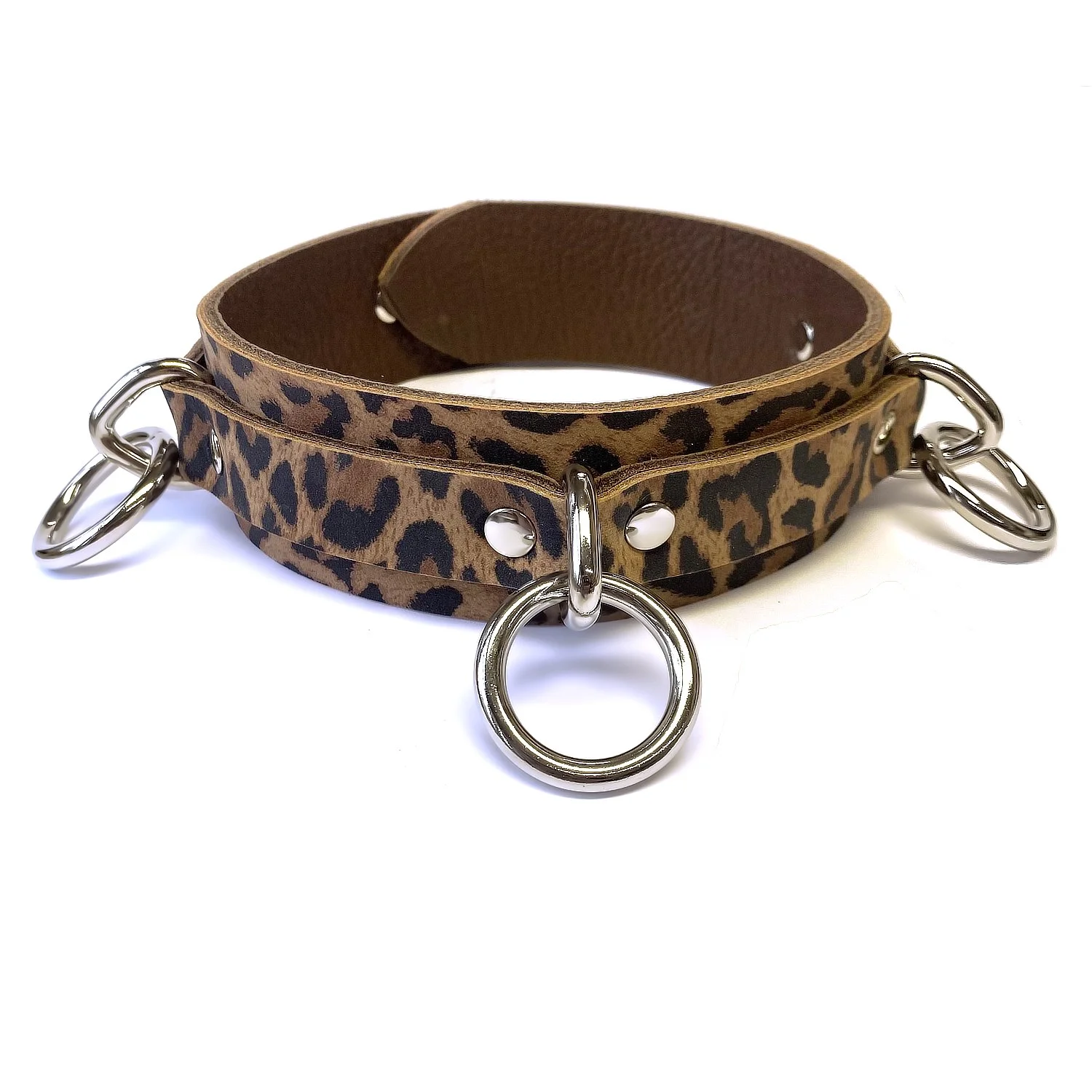 Leopard Print Leather BDSM Collar with 3 Bondage Rings