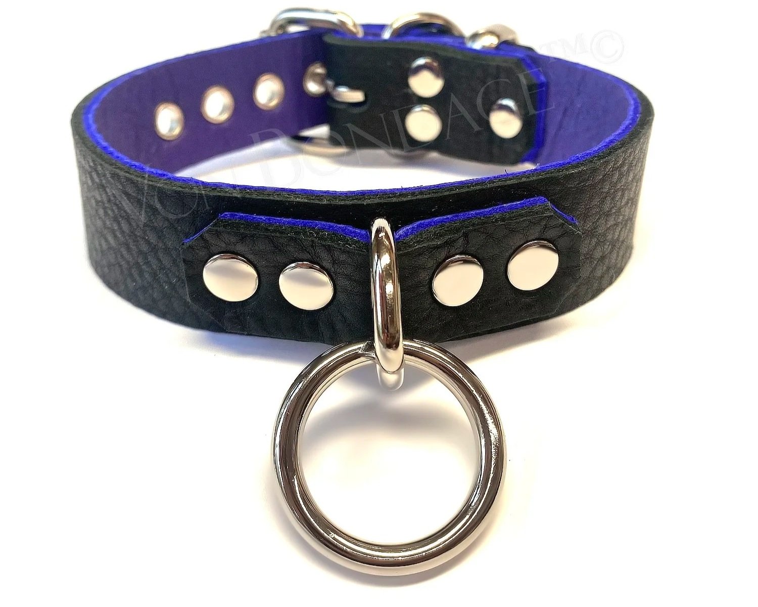 Black & Purple Leather bondage Collar with 1" Bondage Ring