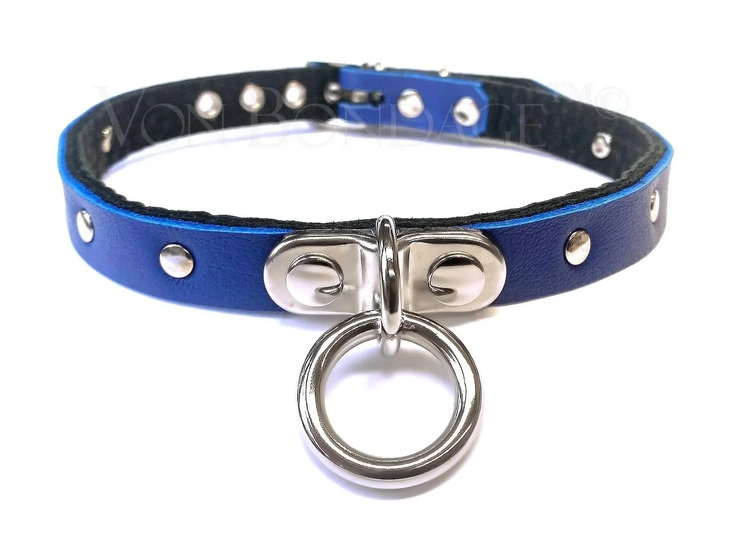 Discreet BDSM Day Collar with Plated Ring & Rivet Studs in blue leather