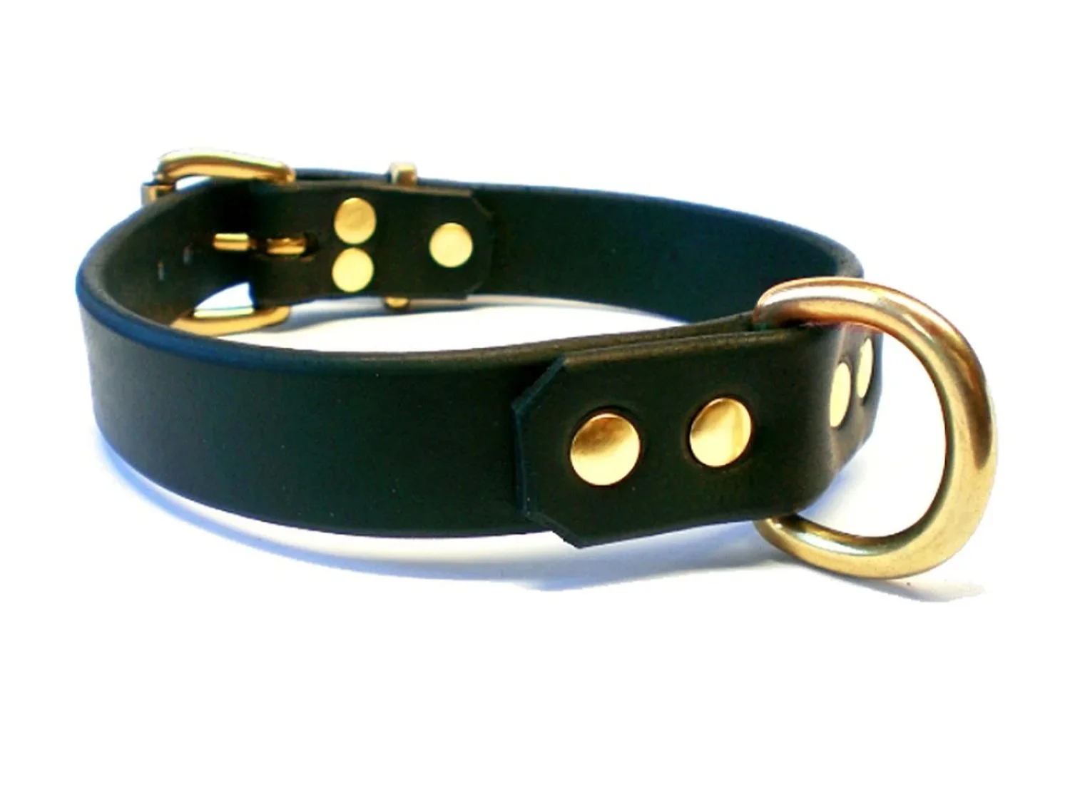 black leather bondage collar with a large brass d-ring in front