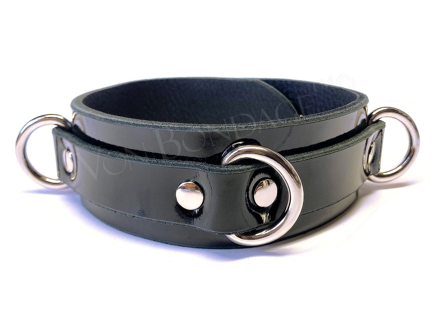 Black Patent Leather slave Collar with 3 Small Dee Rings