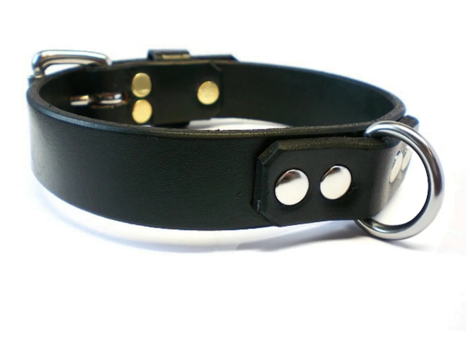 Black leather BDSM collar with small stainless steel dee ring